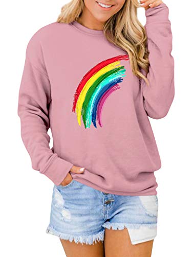 Dresswel Damen Regenbogen Druck Pullover Rundhals Langarm Sweatshirt Elegante Pulli Top Langarmshirt Bluse von Dresswel