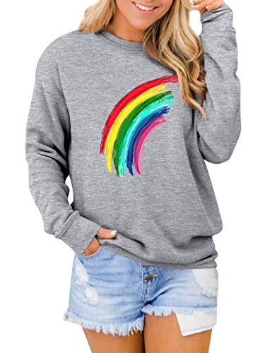 Dresswel Damen Regenbogen Druck Pullover Rundhals Langarm Sweatshirt Elegante Pulli Top Langarmshirt Bluse von Dresswel