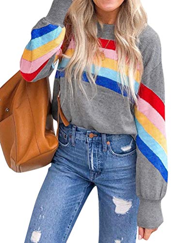 Dresswel Damen Regenbogen Sweatshirt Gestreift Pullover Pulli Jumper Farbblock Langarmshirt Bluse Elegant Oberteile (Grey, XXL) von Dresswel