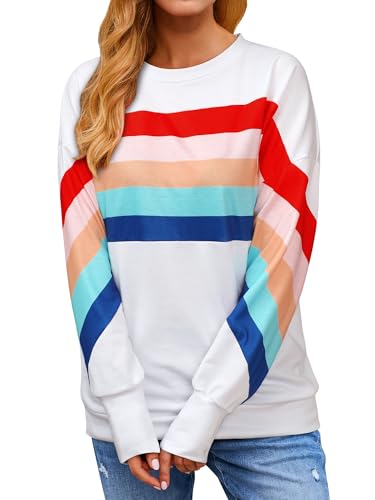 Dresswel Damen Regenbogen Sweatshirt Gestreift Pullover Pulli Jumper Farbblock Langarmshirt Bluse Elegant Oberteile (Weiß, S) von Dresswel