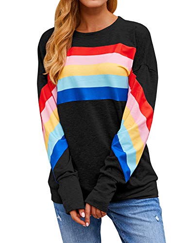 Dresswel Damen Regenbogen Sweatshirt Gestreift Pullover Pulli Jumper Farbblock Langarmshirt Bluse Elegant Oberteile von Dresswel