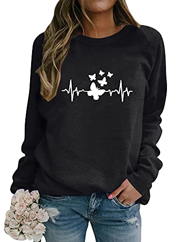 Dresswel Damen Schmetterling Sweatshirt Elektrokardiogramm Grafik Druck Pullover Rundhals Langarmshirt Oberteile Pulli Bluse Herbst Winter von Dresswel