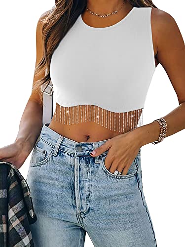 Dresswel Damen Sexy Ärmellos Crop Top Funkelnd Strass Fransen Racerback Y2K Tank Top Rundhals Strick Corset Cropped Tops mit Glitzer Quaste (Ärmellos, Weiß L) von Dresswel