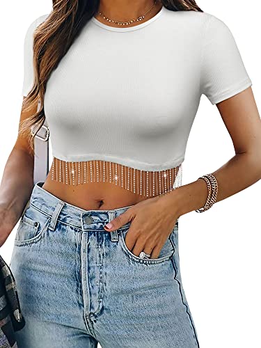 Dresswel Damen Sexy Ärmellos Crop Top Funkelnd Strass Fransen Racerback Y2K Tank Top Rundhals Strick Corset Cropped Tops mit Glitzer Quaste (Kurzarm, Weiß L) von Dresswel