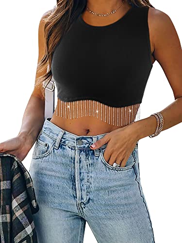 Dresswel Damen Sexy Ärmellos Crop Top Funkelnd Strass Fransen Racerback Y2K Tank Top Rundhals Strick Corset Cropped Tops mit Glitzer Quaste (Ärmellos, Schwarz L) von Dresswel