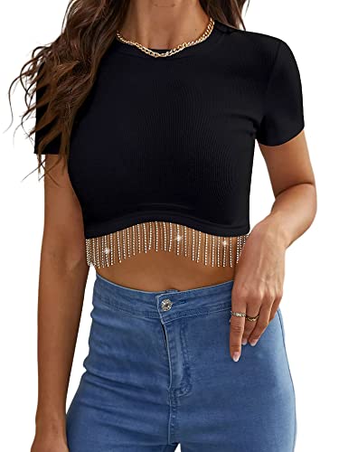 Dresswel Damen Sexy Ärmellos Crop Top Funkelnd Strass Fransen Racerback Y2K Tank Top Rundhals Strick Corset Cropped Tops mit Glitzer Quaste (Kurzarm, Schwarz M) von Dresswel