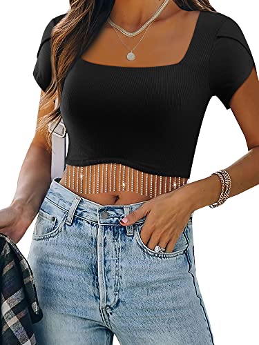 Dresswel Damen Sexy Crop Top Funkelnd Strass Fransen Blütenblatt Ärmel Kurzarm T-Shirt Y2K Tank Top Bauchfrei Oberteile Cropped Tops mit Glitzer Quaste von Dresswel