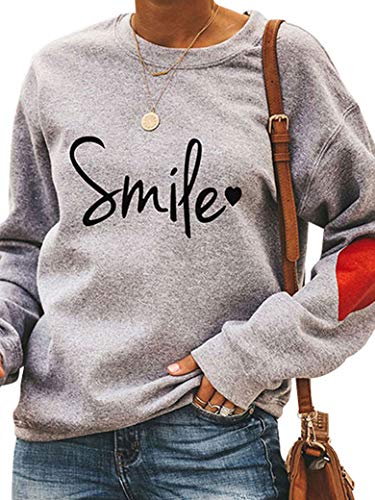 Dresswel Damen Smile Sweatshirt Herzdruck Langarmshirt Rundhals Langarm Pullover Pulli Bluse Oberteile Top von Dresswel