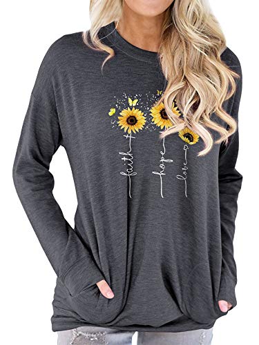 Dresswel Damen Sonnenblume Sweatshirt Faith Hope Love Pullover Rundhals Langarmshirt Oberteile Bluse Langarm T-Shirt mit Taschen von Dresswel