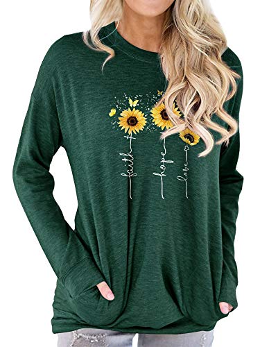 Dresswel Damen Sonnenblume Sweatshirt Faith Hope Love Pullover Rundhals Langarmshirt Oberteile Bluse Langarm T-Shirt mit Taschen von Dresswel