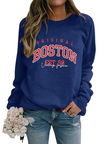 Dresswel Damen Sweatshirt Boston Est .98 Briefdruck Langarmshirt Rundhals Hip Hop Pullover Vintage Drucken Oberteile Y2k Tops Winter Herbst Pulli Teenager Mädchen von Dresswel