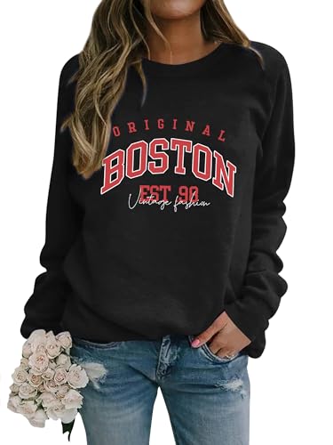 Dresswel Damen Sweatshirt Boston Est .98 Briefdruck Langarmshirt Rundhals Hip Hop Pullover Vintage Drucken Oberteile Y2k Tops Winter Herbst Pulli Teenager Mädchen von Dresswel