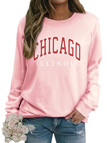 Dresswel Damen Sweatshirt Chicago Briefdruck Langarmshirt Rundhals Hip Hop Pullover Vintage Drucken Oberteile Y2k Tops Winter Herbst Pulli Teenager Mädchen von Dresswel