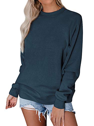 Dresswel Damen Sweatshirt Einfarbig Pullover ohne Kapuze Basic Langarmshirt Rundhals Baumwoll Pulli Sweater Bluse Oberteile von Dresswel