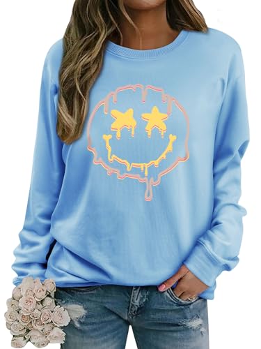 Dresswel Damen Sweatshirt Pullover Herbst Winter Rundhals Langarmshirt Smile Druck Baumwolle Pulli Casual Langarm Oberteile Tops von Dresswel