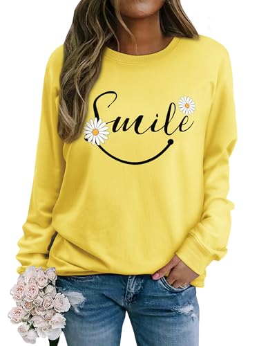 Dresswel Damen Sweatshirt Pullover Herbst Winter Rundhals Langarmshirt Smile Druck Baumwolle Pulli Casual Langarm Oberteile Tops von Dresswel