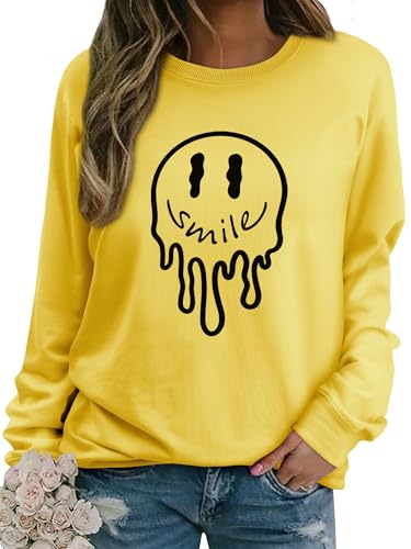 Dresswel Damen Sweatshirt Pullover Herbst Winter Rundhals Langarmshirt Smile Druck Baumwolle Pulli Casual Langarm Oberteile Tops von Dresswel