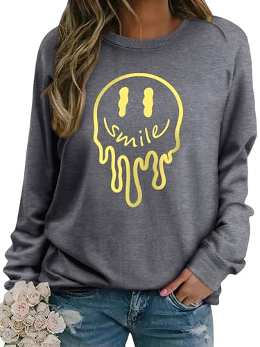 Dresswel Damen Sweatshirt Pullover Herbst Winter Rundhals Langarmshirt Smile Druck Baumwolle Pulli Casual Langarm Oberteile Tops von Dresswel