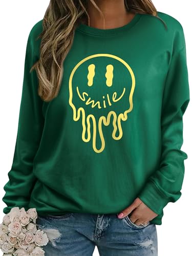 Dresswel Damen Sweatshirt Pullover Herbst Winter Rundhals Langarmshirt Smile Druck Baumwolle Pulli Casual Langarm Oberteile Tops von Dresswel