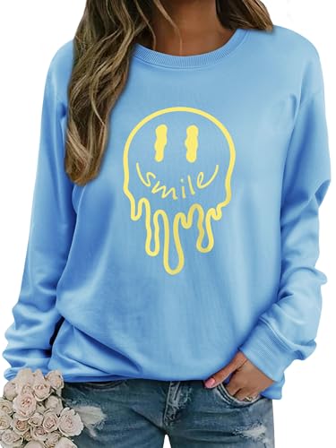 Dresswel Damen Sweatshirt Pullover Herbst Winter Rundhals Langarmshirt Smile Druck Baumwolle Pulli Casual Langarm Oberteile Tops von Dresswel