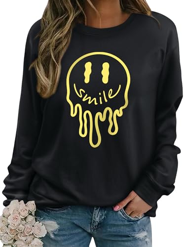 Dresswel Damen Sweatshirt Pullover Herbst Winter Rundhals Langarmshirt Smile Druck Baumwolle Pulli Casual Langarm Oberteile Tops von Dresswel