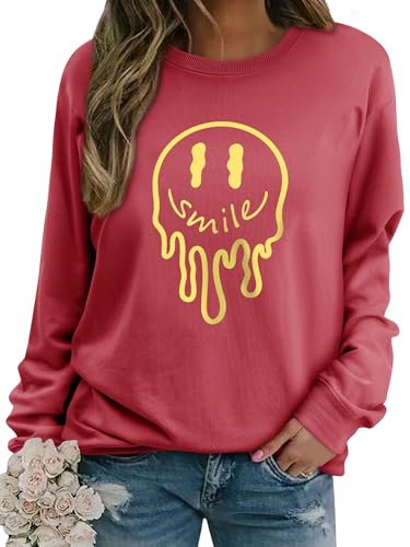Dresswel Damen Sweatshirt Pullover Herbst Winter Rundhals Langarmshirt Smile Druck Baumwolle Pulli Casual Langarm Oberteile Tops von Dresswel