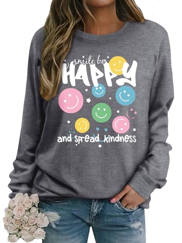 Dresswel Damen Sweatshirt Smile Brief Drucken Pullover Lustiges Lächelndes Rundhals Langarmshirt Baumwolle Pulli Herbst Winter Casual Oberteile Langarm Tops(2-Grau, L) von Dresswel