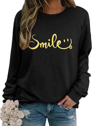 Dresswel Damen Sweatshirt Smile Brief Drucken Pullover Lustiges Lächelndes Rundhals Langarmshirt Baumwolle Pulli Herbst Winter Casual Oberteile Langarm Tops(2-Schwarz, M) von Dresswel