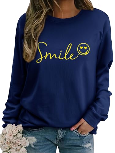 Dresswel Damen Sweatshirt Smile Brief Drucken Pullover Lustiges Lächelndes Rundhals Langarmshirt Baumwolle Pulli Herbst Winter Casual Oberteile Langarm Tops(Dunkelblau, 2XL) von Dresswel