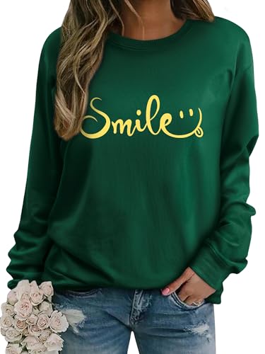 Dresswel Damen Sweatshirt Smile Brief Drucken Pullover Lustiges Lächelndes Rundhals Langarmshirt Baumwolle Pulli Herbst Winter Casual Oberteile Langarm Tops(Dunkelblau, S) von Dresswel