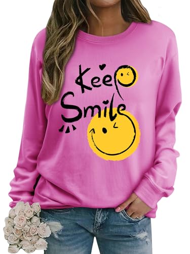 Dresswel Damen Sweatshirt Smile Brief Drucken Pullover Lustiges Lächelndes Rundhals Langarmshirt Baumwolle Pulli Herbst Winter Casual Oberteile Langarm Tops(Dunkelgrün, L) von Dresswel