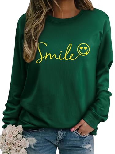 Dresswel Damen Sweatshirt Smile Brief Drucken Pullover Lustiges Lächelndes Rundhals Langarmshirt Baumwolle Pulli Herbst Winter Casual Oberteile Langarm Tops(Dunkelgrün, S) von Dresswel