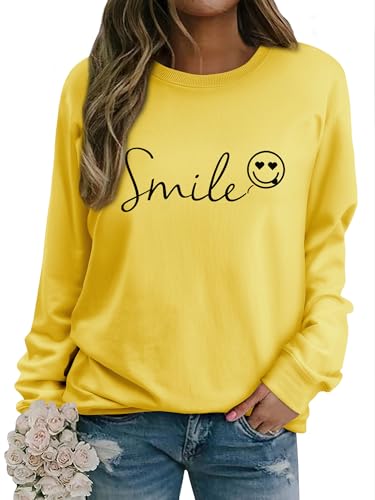 Dresswel Damen Sweatshirt Smile Brief Drucken Pullover Lustiges Lächelndes Rundhals Langarmshirt Baumwolle Pulli Herbst Winter Casual Oberteile Langarm Tops(Gelb, 2XL) von Dresswel