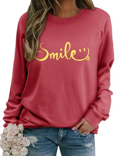 Dresswel Damen Sweatshirt Smile Brief Drucken Pullover Lustiges Lächelndes Rundhals Langarmshirt Baumwolle Pulli Herbst Winter Casual Oberteile Langarm Tops von Dresswel