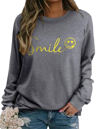 Dresswel Damen Sweatshirt Smile Brief Drucken Pullover Lustiges Lächelndes Rundhals Langarmshirt Baumwolle Pulli Herbst Winter Casual Oberteile Langarm Tops(Grau, M) von Dresswel