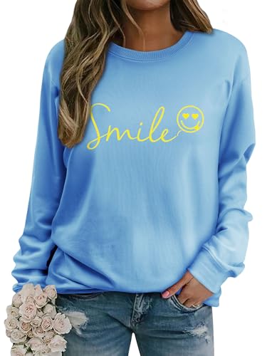 Dresswel Damen Sweatshirt Smile Brief Drucken Pullover Lustiges Lächelndes Rundhals Langarmshirt Baumwolle Pulli Herbst Winter Casual Oberteile Langarm Tops(Hellblau, 2XL) von Dresswel