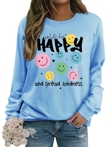 Dresswel Damen Sweatshirt Smile Brief Drucken Pullover Lustiges Lächelndes Rundhals Langarmshirt Baumwolle Pulli Herbst Winter Casual Oberteile Langarm Tops(Hellblau, M) von Dresswel
