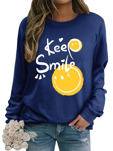 Dresswel Damen Sweatshirt Smile Brief Drucken Pullover Lustiges Lächelndes Rundhals Langarmshirt Baumwolle Pulli Herbst Winter Casual Oberteile Langarm Tops(Hellblau, S) von Dresswel