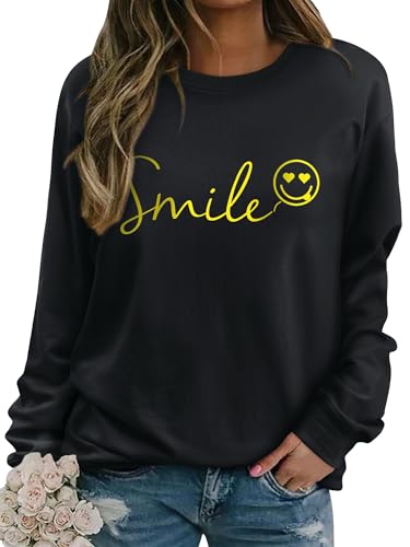 Dresswel Damen Sweatshirt Smile Brief Drucken Pullover Lustiges Lächelndes Rundhals Langarmshirt Baumwolle Pulli Herbst Winter Casual Oberteile Langarm Tops(Schwarz, 2XL) von Dresswel