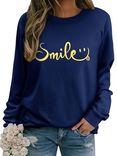 Dresswel Damen Sweatshirt Smile Brief Drucken Pullover Lustiges Lächelndes Rundhals Langarmshirt Baumwolle Pulli Herbst Winter Casual Oberteile Langarm Tops von Dresswel