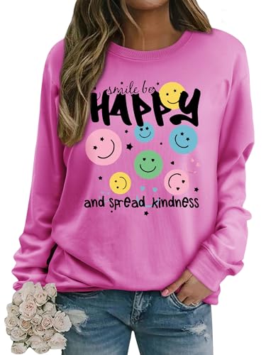 Dresswel Damen Sweatshirt Smile Brief Drucken Pullover Lustiges Lächelndes Rundhals Langarmshirt Baumwolle Pulli Herbst Winter Casual Oberteile Langarm Tops(Wassermelonenrot, 2XL) von Dresswel
