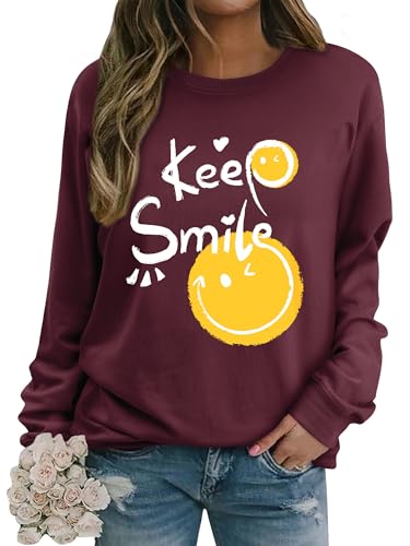 Dresswel Damen Sweatshirt Smile Brief Drucken Pullover Lustiges Lächelndes Rundhals Langarmshirt Baumwolle Pulli Herbst Winter Casual Oberteile Langarm Tops(Wassermelonenrot, 2XL) von Dresswel