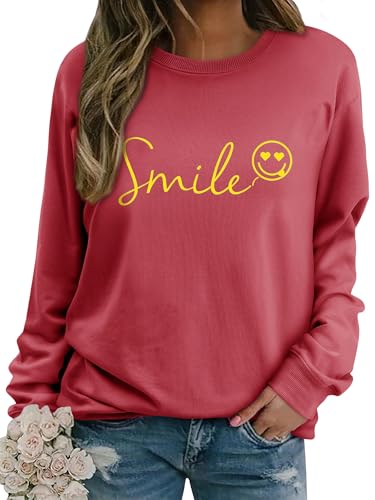 Dresswel Damen Sweatshirt Smile Brief Drucken Pullover Lustiges Lächelndes Rundhals Langarmshirt Baumwolle Pulli Herbst Winter Casual Oberteile Langarm Tops(Wassermelonenrot, XL) von Dresswel