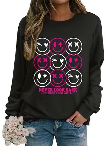 Dresswel Damen Sweatshirt Smile Brief Drucken Pullover Lustiges Lächelndes Rundhals Langarmshirt Baumwolle Pulli Herbst Winter Casual Oberteile Langarm Tops von Dresswel