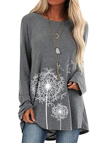 Dresswel Damen Tunika Top Langarm Oberteile Löwenzahn Lang Pullover Langarmshirt Lose Bluse T Shirt (Grey, XXL) von Dresswel