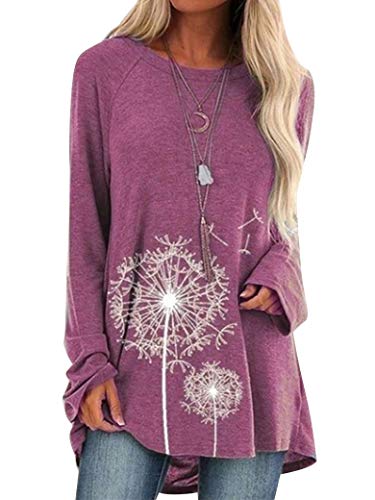 Dresswel Damen Tunika Top Langarm Oberteile Löwenzahn Lang Pullover Langarmshirt Lose Bluse T Shirt (L, Rosa) von Dresswel