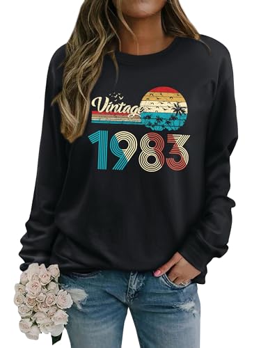 Dresswel Damen Vintage 1983 Sweatshirt Pullover Retro 40. Geburtstag 40 Jahre Kleidung Rundhals Langarmshirt Basic Baumwolle Bluse Tops von Dresswel