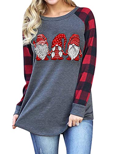 Dresswel Damen Weihnachtsmann Weihnachten T-Shirt Langarmshirt Tunika Oberteile Pullover Zwerge Druck Plaid Patchwork Raglan Shirt von Dresswel