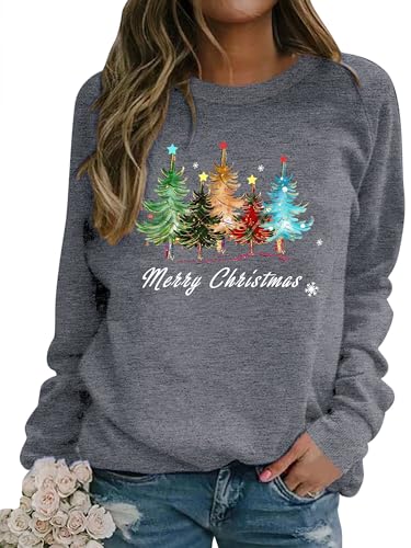 Dresswel Damen Weihnachtspullover Merry Christmas Sweatshirt Weihnachtsbaum Druck Xmas Pullover Langarmshirt Bluse (4-Grau,M) von Dresswel