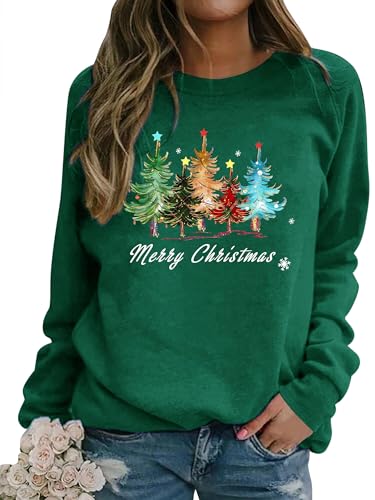 Dresswel Damen Weihnachtspullover Merry Christmas Sweatshirt Weihnachtsbaum Druck Xmas Pullover Langarmshirt Bluse (4-Grün,M) von Dresswel